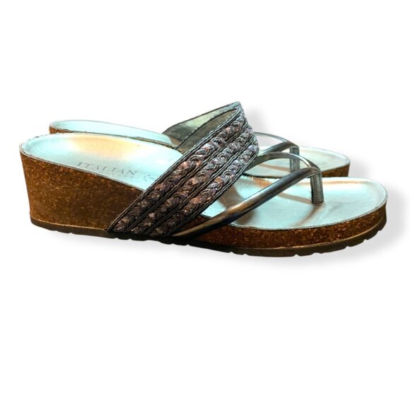 Italian Shoemakers Sandals Slide On Silver Metallic Embroidered Wedge 7.5 Boho - Picture 2 of 9